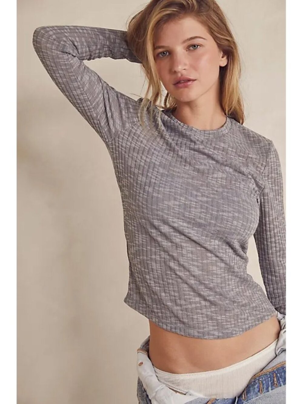 ☀️ Free People Aura Space Dye Long Sleeve Layering Tee Shirt Grey M
